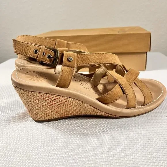 NIB Ugg Wedge High Heel Strappy Sandals Size 9 Brown Leather‎ - Picture 2 of 16